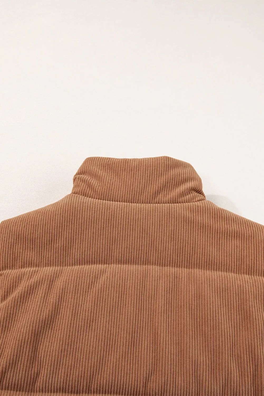 Coffee Solid Color Corduroy Puffer Vest Coat