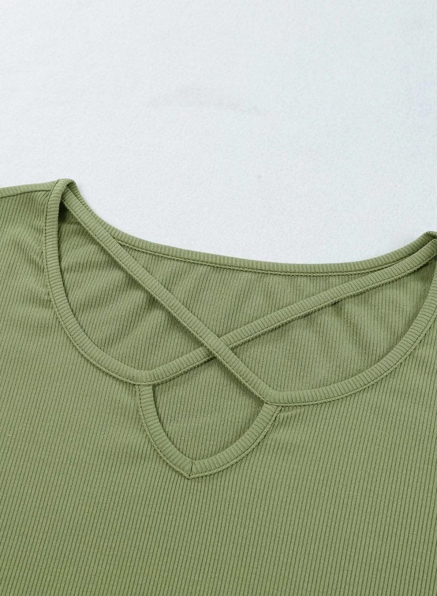 Crisscross Army Green Knit  Plus Size Shirt