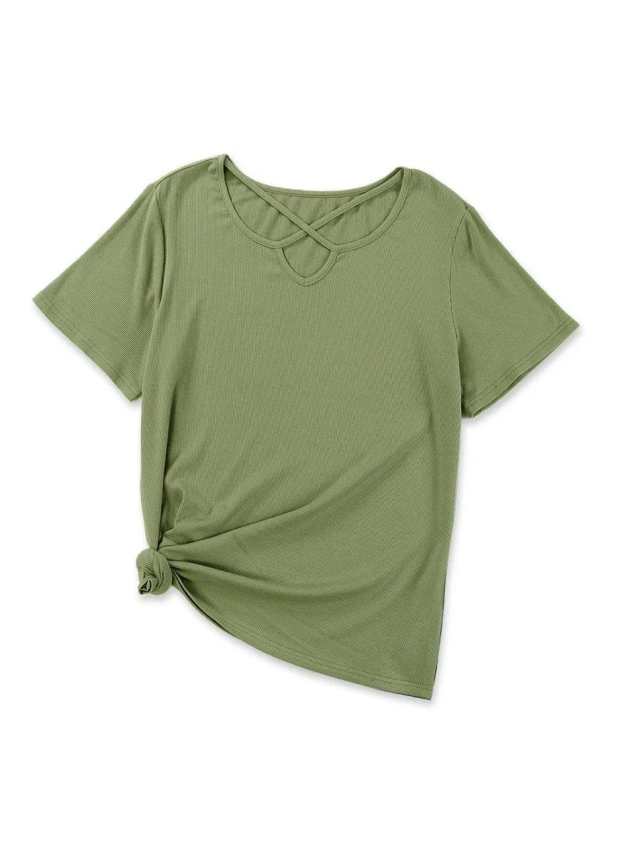 Crisscross Army Green Knit  Plus Size Shirt