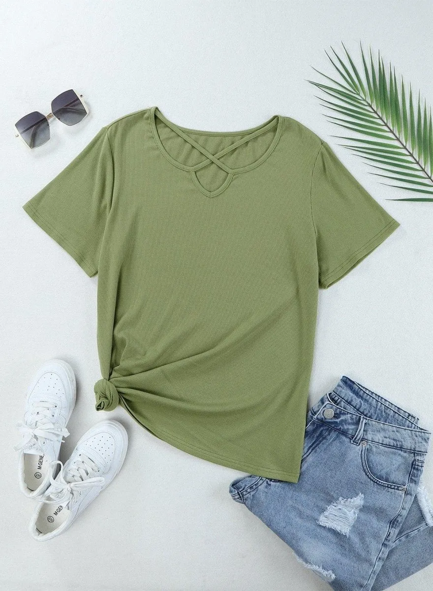 Crisscross Army Green Knit  Plus Size Shirt