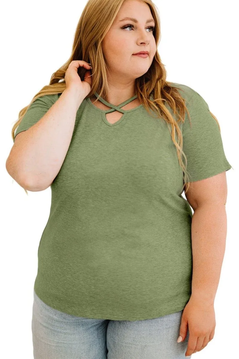 Crisscross Army Green Knit  Plus Size Shirt