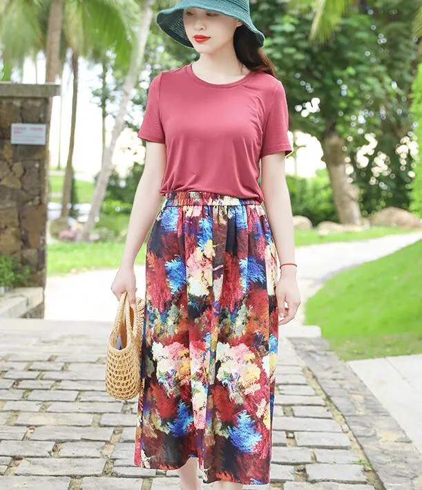 Floral Women's Skirts Summer 100% Linen Skirt Elastic Waist