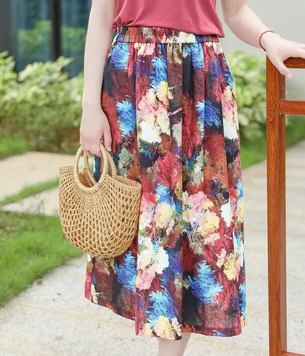 Floral Women's Skirts Summer 100% Linen Skirt Elastic Waist