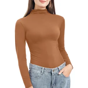 Image Diva Women's Basic Hemless Long Sleeve Turtleneck T-shirt Brown Color