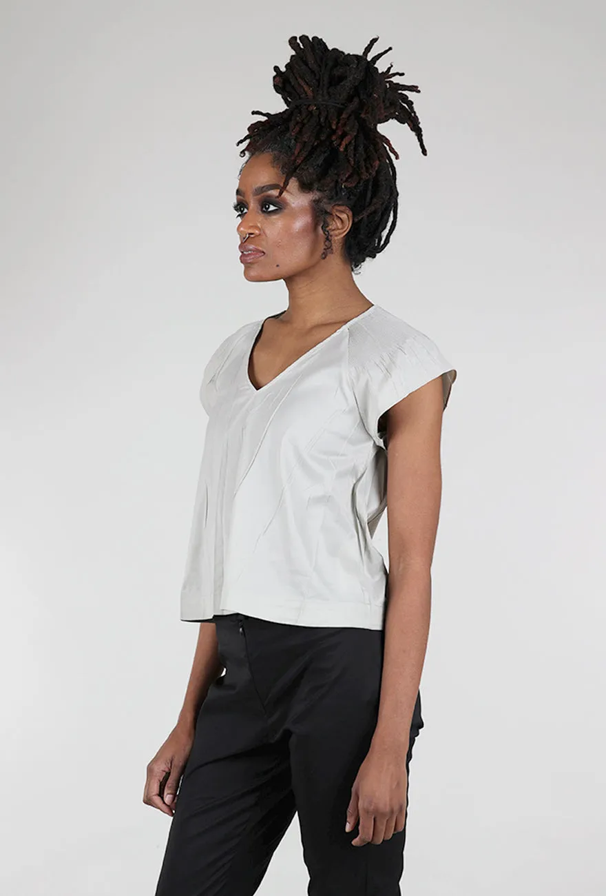 Micropleat Shoulder V-Neck Blouse, Argile