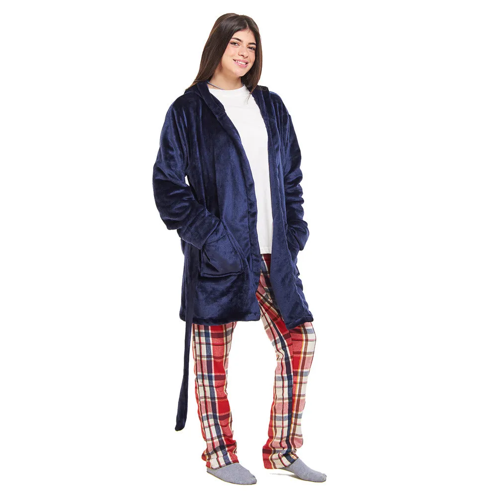Women Winter Pajama Set Dark blue Robe   Red x Dark Blue Checkered Pants
