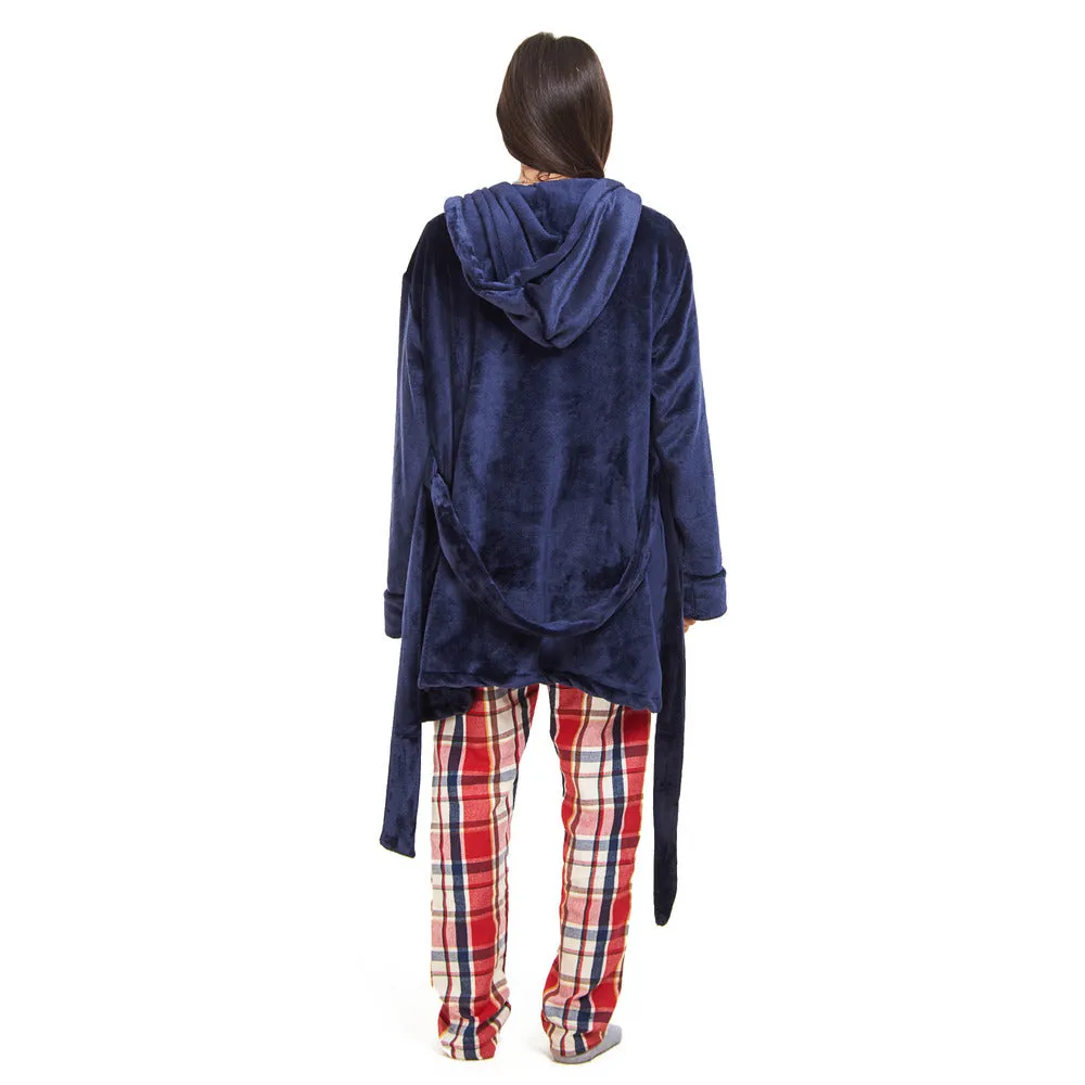 Women Winter Pajama Set Dark blue Robe   Red x Dark Blue Checkered Pants