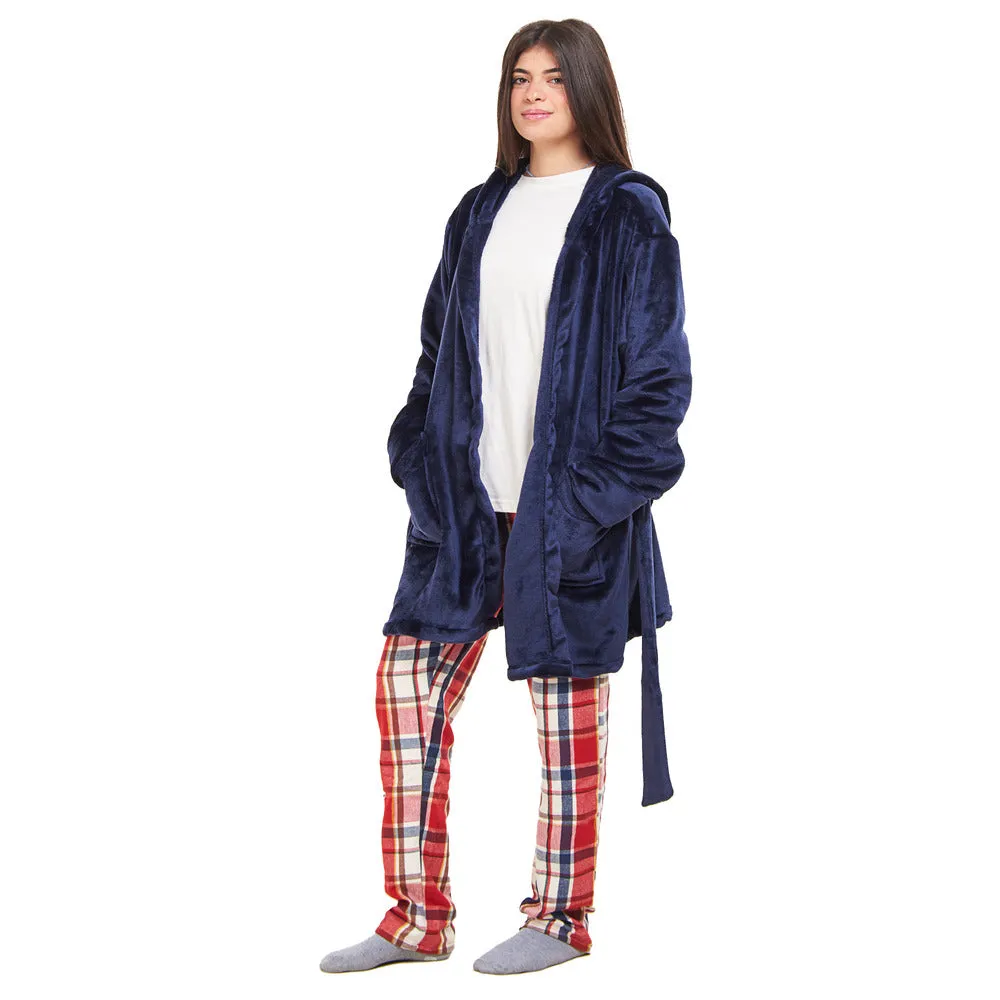 Women Winter Pajama Set Dark blue Robe   Red x Dark Blue Checkered Pants
