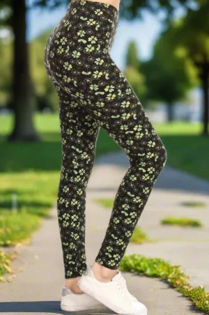 Womens St. Patrick Day Shamrock Leggings, Soft Yoga Pants, Sizes 0-20, Yoga Waist, Green/Black